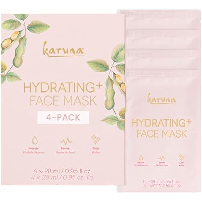 Karuna SKIN - HYDRATING+ FACIAL MASK FOR WELL-MOISTURIZED & HYDRATED SKIN, GLOW-ENHANCING FACIAL SKIN CARE PRODUCTS, HYDRATING FACE MASKS WITH NATTO, NIACINAMIDE & SODIUM LACTATE, 4 SHEETS PER PACK - Image 1